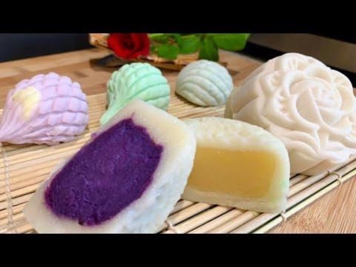 Sweet Potato Snow Skin Mooncakes with Pandan