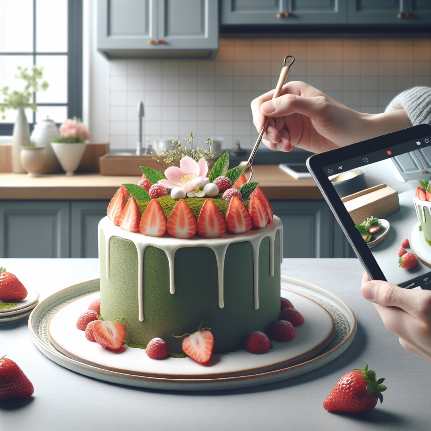 Strawberry Matcha Cake with Whipped Cream (Spring Baking Recipe)