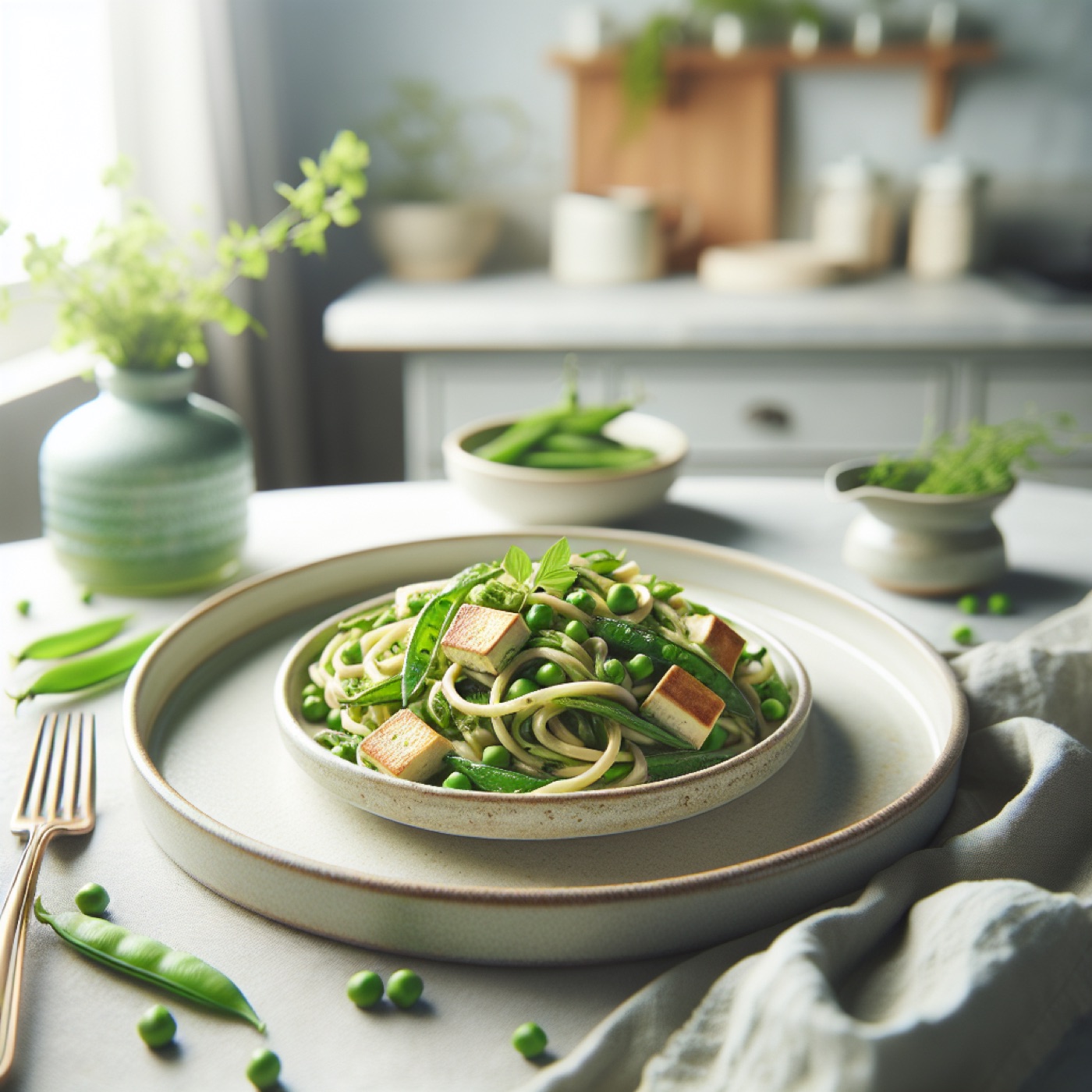Spring Herb Pasta with Peas, Crispy Tofu, Basil and Mint